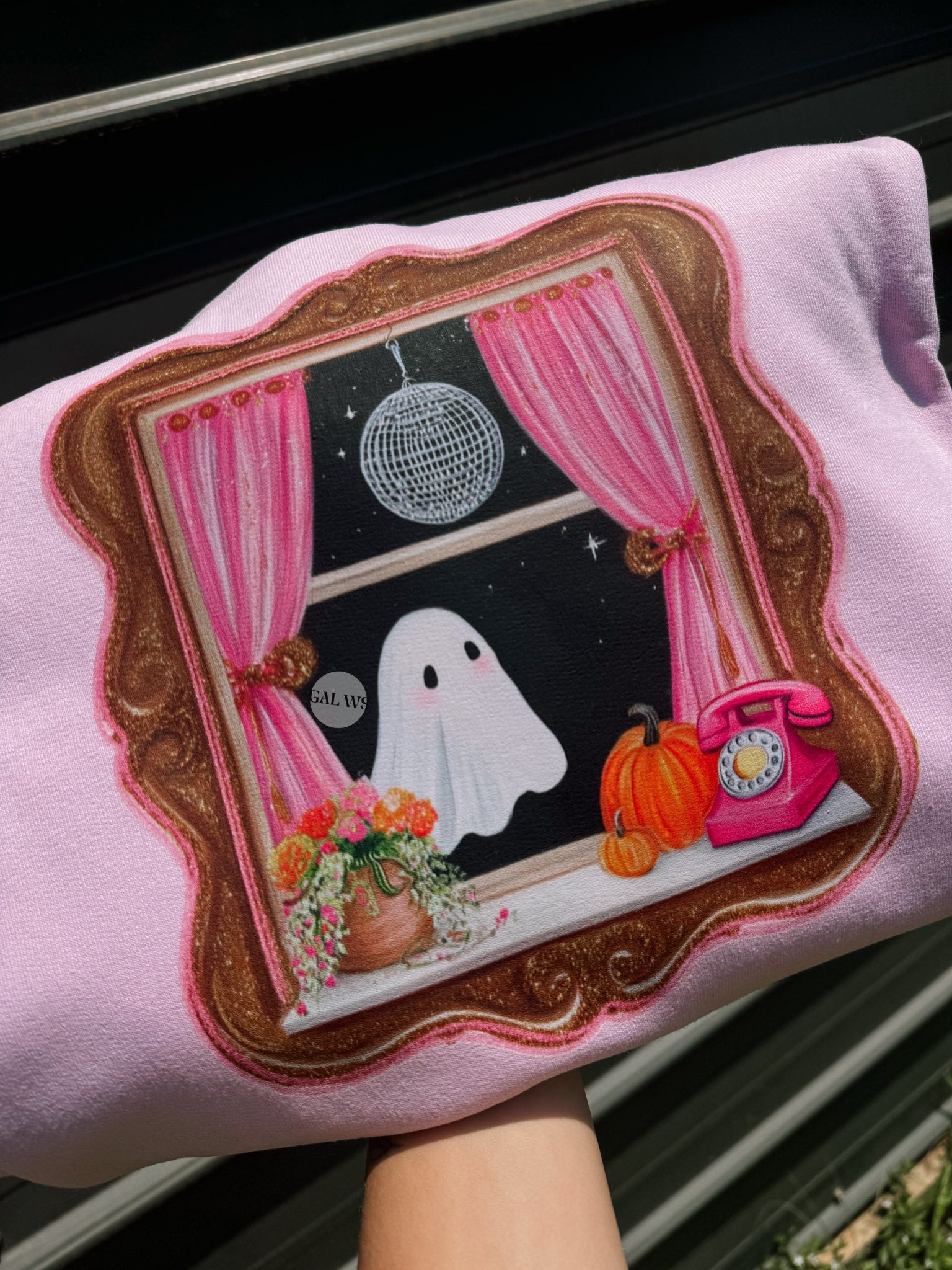 Spooky window ghost with disco ball tee or sweatshirt