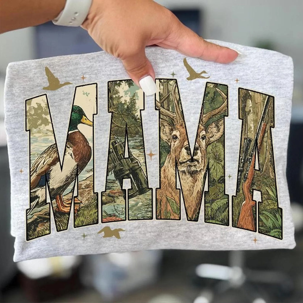 Mama deer camo, gun, & duck hunting tee or sweatshirt