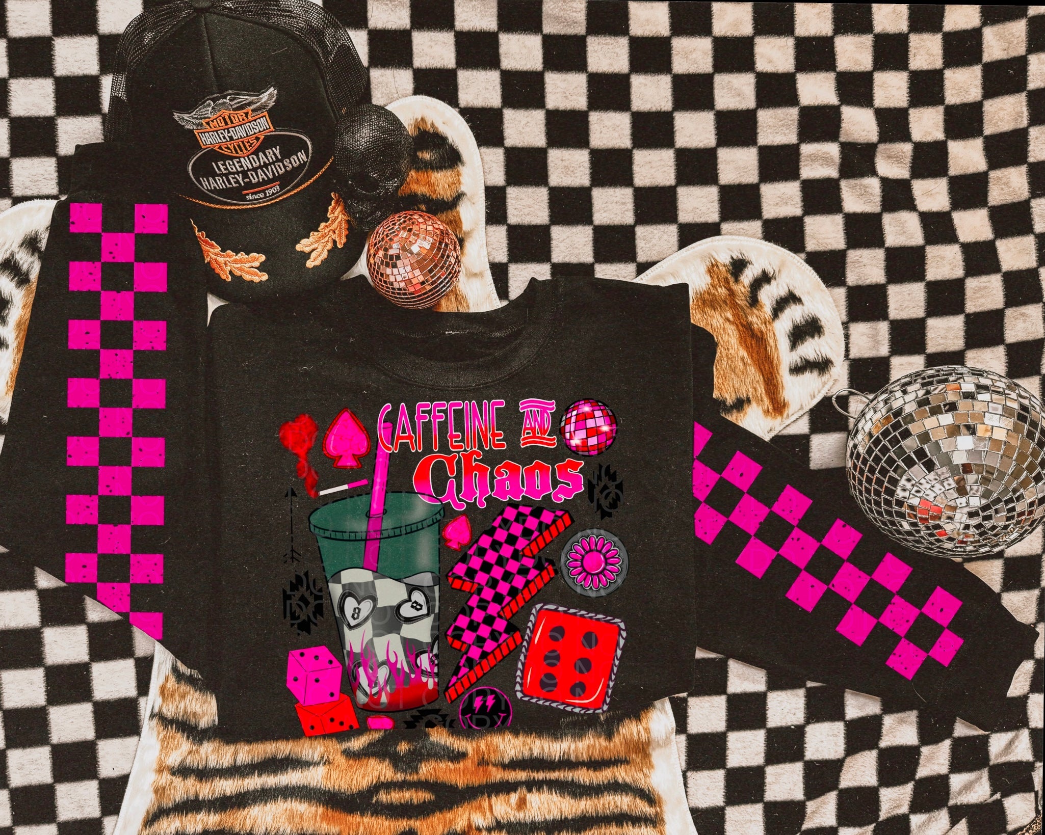 Caffeine & chaos checkered w/sleeve or without  - Multiple Styles/Design