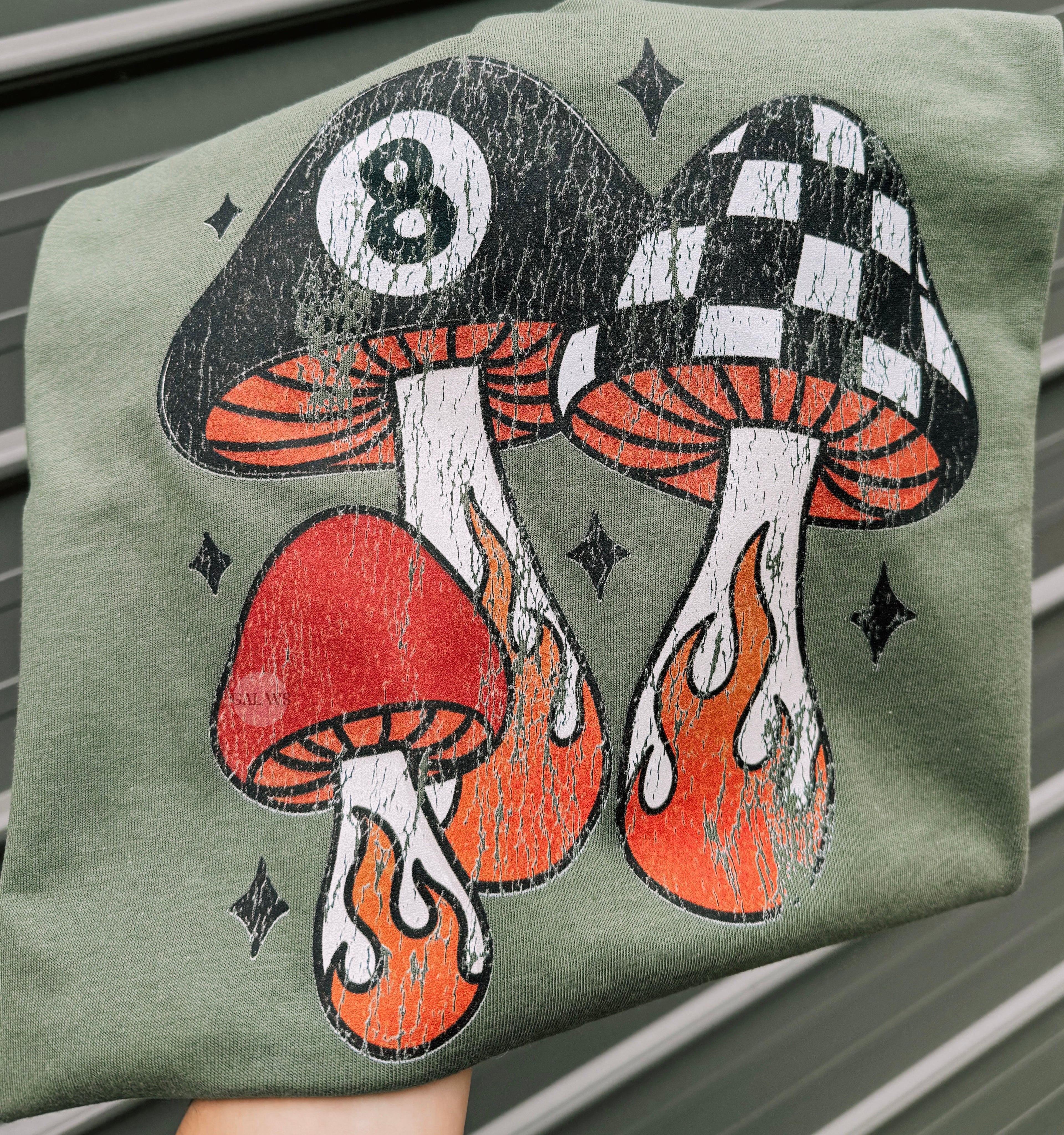 Checker flame 8 ball mushroom tee or sweatshirt