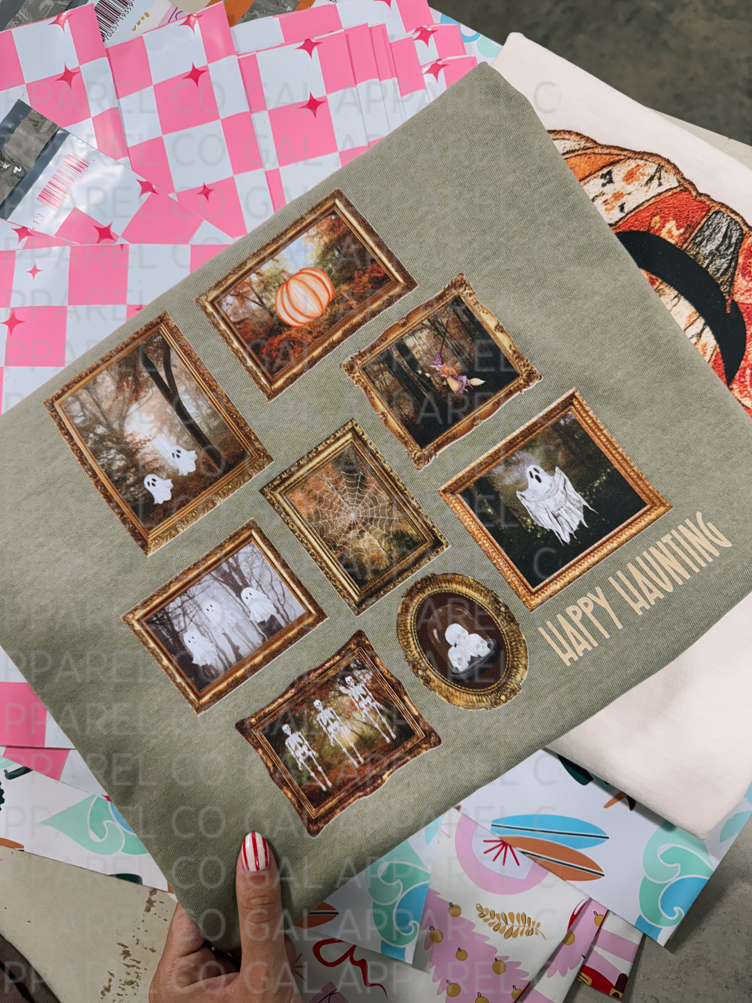 Happy haunting vintage picture frames with ghost and pumpkins tee or sweatshirt